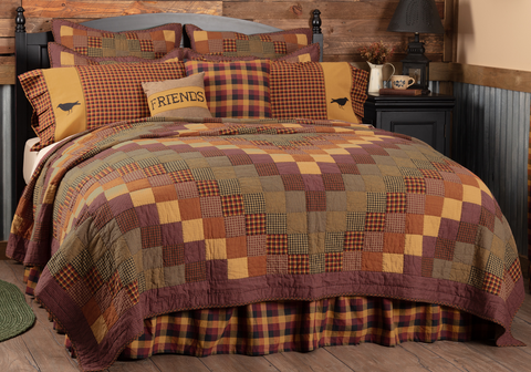Heritage Farms Over-sized Luxury King Quilt, decorated with cascading blocks of various crimsons, mustards, and black for a visually mesmerizing and enticing look. Primitive Country Farmhouse Quilted Bedding Home Decor.