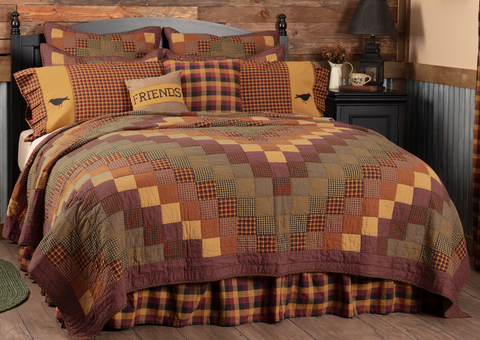 Heritage Farms Queen Quilt 90Wx90L, decorated with cascading blocks of various crimsons, mustards, and black for a visually mesmerizing and enticing look. Primitive Country Farmhouse Quilted Bedding Home Decor.
