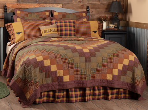 The Heritage Farms Twin Quilt is decorated with cascading blocks of various crimsons, mustards, and black for a visually mesmerizing and enticing look. Primitive Country Farmhouse Quilted Bedding Home Decor.