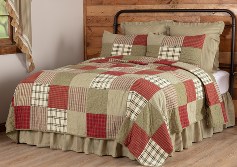 Prairie Winds King Quilt 110Wx97L, brick red, sage, and khaki block layout in plaid, striped, and ditsy fabrics. Primitive Country Farmhouse Bedding Home Decor.