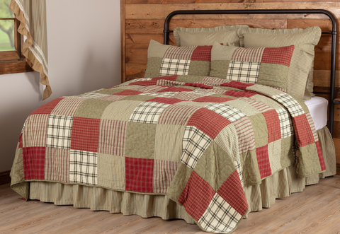  Prairie Winds Queen Quilt  block patchwork pattern in sage greens a brick reds using a mix of country-inspired ditsy prints, plaids and stripes. Primitive Country Farmhouse Bedding Home Decor & Accessories.