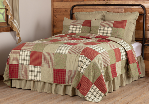 Prairie Winds Twin Quilt 70Wx90L, various brick red, sage, and khaki block layout in plaid, striped, and ditsy fabrics, Primitive Country Farmhouse Bedding Home Decor.