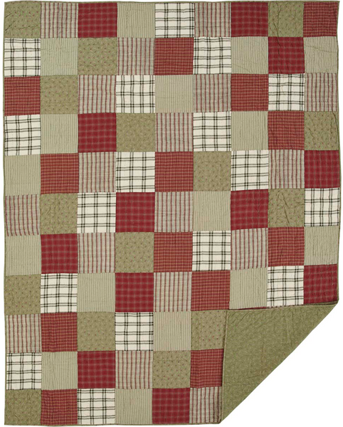 Prairie Winds Twin Quilt 70Wx90L, various brick red, sage, and khaki block layout in plaid, striped, and ditsy fabrics, Primitive Country Farmhouse Bedding Home Decor.
