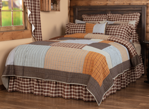 Rory California King Quilt 130Wx115L, Primitive Country Farmhouse Quilted Bedding Home Decor. block layout and an outer border in black and tan herringbone windowpane plaid,  various greige, chocolate, and natural plaid and striped fabrics.
