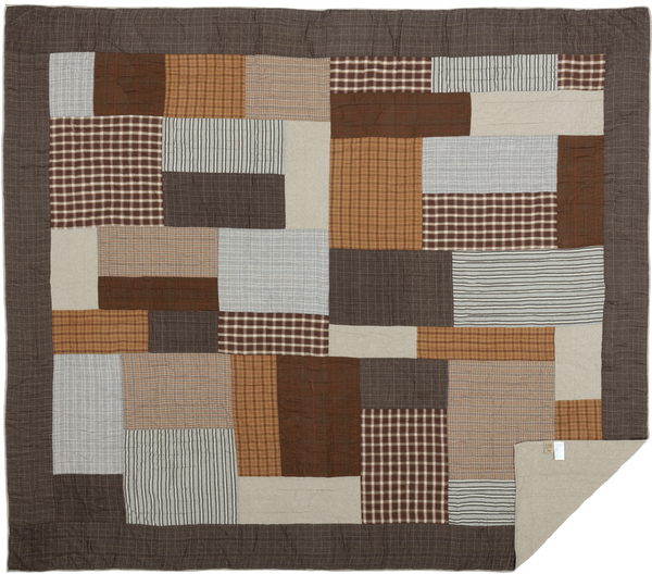 Rory California King Quilt 130Wx115L, Primitive Country Farmhouse Quilted Bedding Home Decor. block layout and an outer border in black and tan herringbone windowpane plaid,  various greige, chocolate, and natural plaid and striped fabrics.