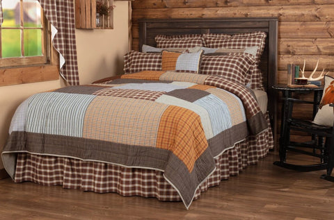 Rory King Quilt 105Wx95L, various greige, chocolate brown, and tan plaids with occasional patchwork in antique stripes. Primitive Country Farmhouse Quilted Bedding Home Decor.