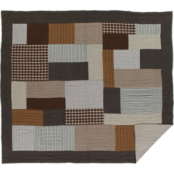 Rory King Quilt 105Wx95L, various greige, chocolate brown, and tan plaids with occasional patchwork in antique stripes. Primitive Country Farmhouse Quilted Bedding Home Decor.