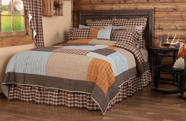 Rory Luxury King Quilt 120Wx105L, various greige, chocolate brown, and tan plaids with occasional patchwork in antique stripes. Primitive Country Farmhouse Quilted Bedding Home Decor.