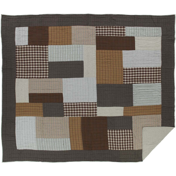Rory Luxury King Quilt 120Wx105L, various greige, chocolate brown, and tan plaids with occasional patchwork in antique stripes. Primitive Country Farmhouse Quilted Bedding Home Decor.