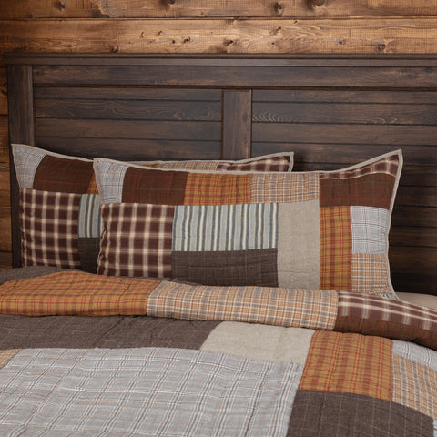 Rory King Sham 21x37, various greige, chocolate brown, and tan plaids with occasional patchwork in antique stripes. Primitive Country Farmhouse Bedding Home Decor.