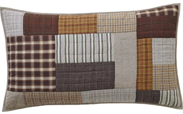 Rory King Sham 21x37, various greige, chocolate brown, and tan plaids with occasional patchwork in antique stripes. Primitive Country Farmhouse Bedding Home Decor.