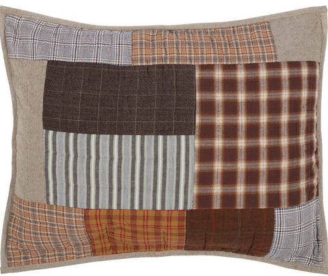 Rory Standard Sham 21x27, greige, chocolate brown, and tan plaids with occasional patchwork in antique stripes. Primitive Country Farmhouse Quilted Bedding Home Decor.
