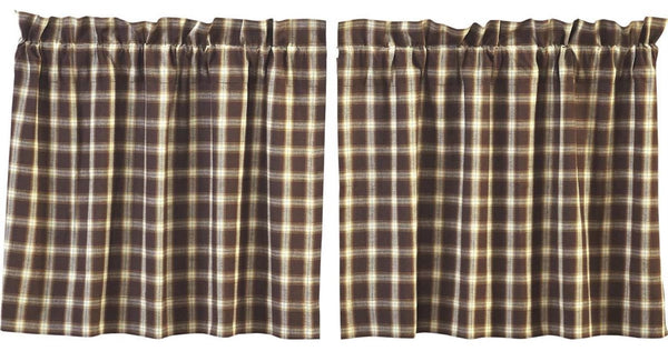 Rory Tier Set of 2 L24xW36, plaid fabric in white, tan, and brown. Primitive Country Farmhouse Window Treatments Curtains Home Decor.