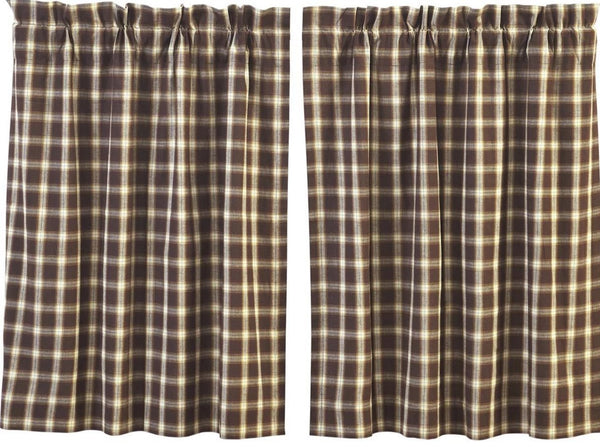 Rory Tier Set of 2 L36xW36, plaid fabric in white, tan, and brown. Primitive Country Farmhouse Window Treatments Curtains Home Decor.