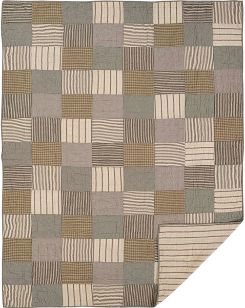 Sawyer Mill Charcoal Twin Quilt 68Wx86L, Simple brick layout in various plaid and striped Farmhouse fabrics. Primitive Country Farmhouse Quilted Bedding Home Decor.