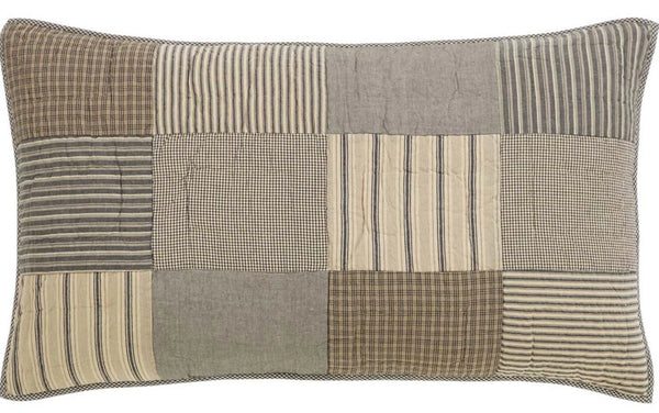 Sawyer Mill Charcoal King Sham 21x37, charcoal grey, khaki, and creme fabrics plaid. Primitive Country Farmhouse Bedding Home Decor.