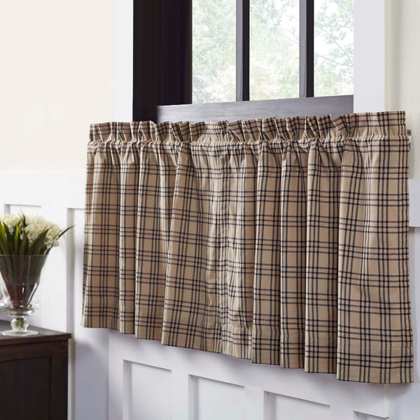 Dress up your window with the Farmhouse inspired Sawyer Mill Charcoal Tier Lined Set of 2 L24xW36 with its large scale black plaid on dark tan. Primitive Country Farmhouse Window Treatments Curtains Home Decor.