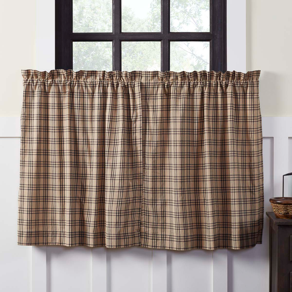 Dress up your window with the Farmhouse inspired Sawyer Mill Charcoal Tier Lined Set of 2 L36xW36 with its large scale black plaid on dark tan. Primitive Country Farmhouse Window Treatments Curtains Home Decor.