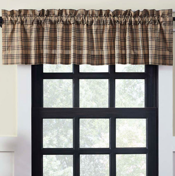 Sawyer Mill Charcoal Plaid Valance 16x72, Large-scale black plaid woven into a dark tan base, Primitive Country Farmhouse Window Treatments Curtains Home Decor.