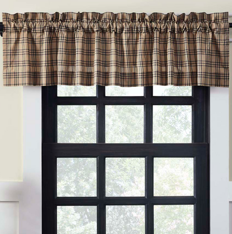 Sawyer Mill Charcoal Plaid Valance 16x72, Large-scale black plaid woven into a dark tan base, Primitive Country Farmhouse Window Treatments Curtains Home Decor.