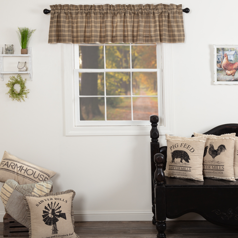 Sawyer Mill Charcoal Plaid Valance Curtain 16x90, Dress up your window with the Farmhouse inspired Sawyer Mill Valance with its large-scale black plaid on dark tan., Primitive Country Farmhouse Widow Treatments Curtains Home Decor.