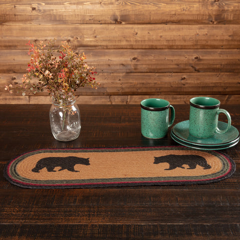 Wyatt Stenciled Bear Jute Runner 8x24,  two bears facing each other stenciled into the jute over solid dark tan and finished with beautiful concentric braids of black, crimson, and army green jute. Primitive Country Farmhouse Kitchen Table Dining Home Decor.