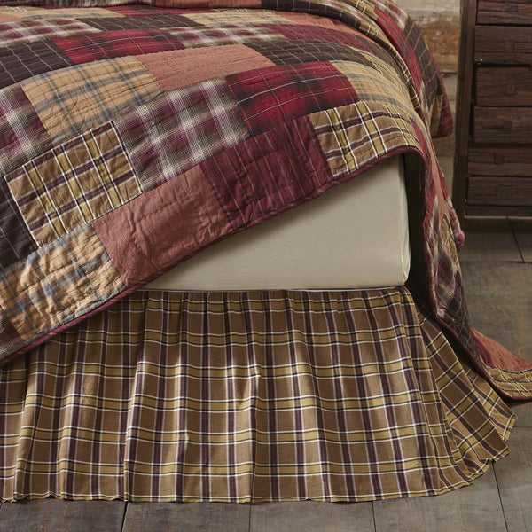 Wyatt King Bed Skirt 78x80x16, featuring a khaki, crimson, black, and moss green plaid with a 16 inch drop gathered ruffle. Primitive Country Farmhouse Bedding Dust Ruffle Home Decor.