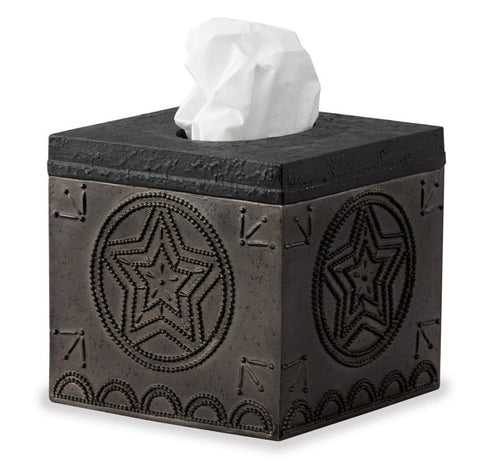 With the look of antique punched tin and a black resin top, this Antique Bath Tissue Holder can be placed anywhere a tissue is needed!