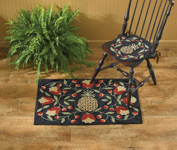 Pineapple Hooked Rug by Teresa Kogut, rich colors are combined with the welcoming pineapple motif to create a stunning design. Rug hooking is both an art and a craft and has been around for centuries. Spot clean. 24" x 36". See free shipping offer on website. Primitive Farmhouse Country Decor.