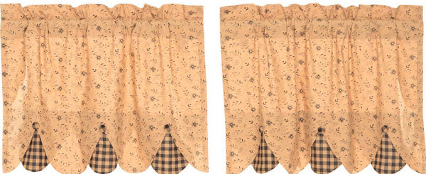 Maisie Tier Set of 2 L24xW36, Large-scale black and dark tan floral ditsy print with black and tan check fabric peeking out along bottom edge. Primitive Country Farmhouse Window Treatments Curtains Home Decor.