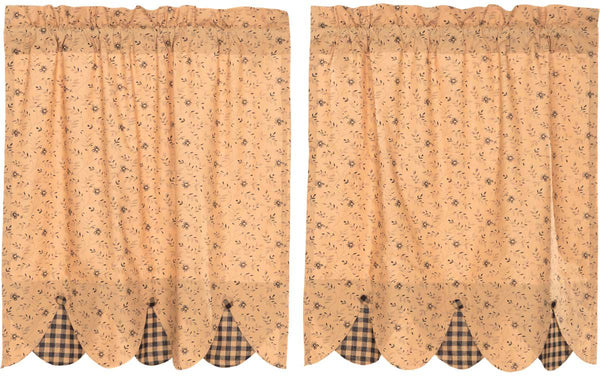 Maisie Tier Set of 2 L36xW36, Large-scale black and dark tan floral ditsy print with black and tan check fabric peeking out along bottom edge Coordinating black and tan check fabric button on each crest. Primitive Country Farmhouse Window Treatments Curtains Home Decor.