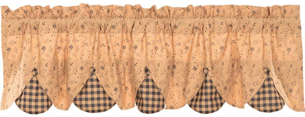 Maisie Valance 18x60, Large-scale black and dark tan floral ditsy print with black and tan check fabric peeking out along bottom edge, Window Treatments Curtains Primitive Country Farmhouse Home Decor.