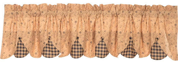 Maisie Valance 18x90, Large-scale black and dark tan floral ditsy print with black and tan check fabric peeking out along bottom edge. Primitive Country Farmhouse Window Treatments Curtains Home Decor.