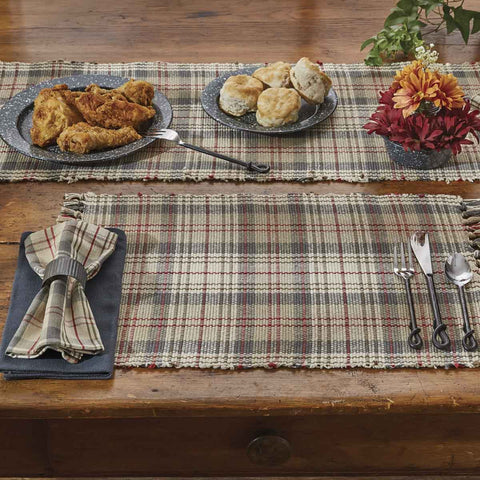 Neutral earthtone colors with a hint of deep red combine to make the handsome plaid in the Gentry Placemats .The fringed edges give your table top a great touch of texture!  Colors: Sand, Tan, Walnut Gray & Barn Red