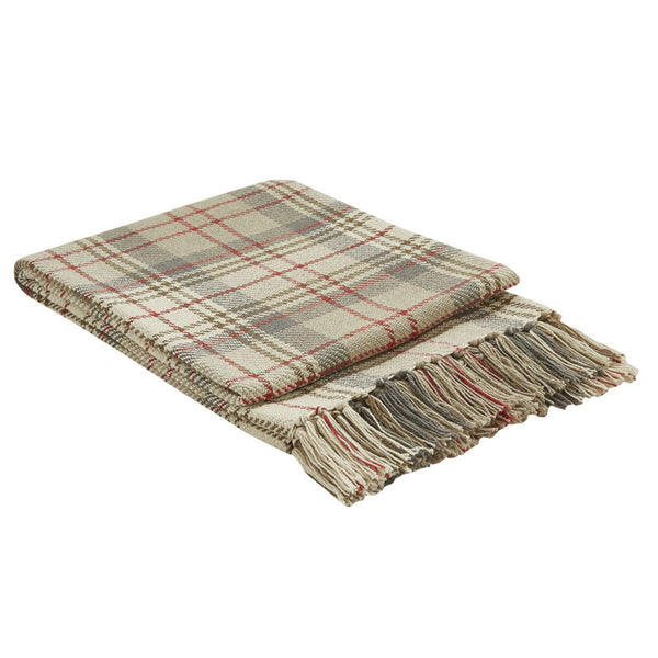 Neutral earthtone colors with a hint of deep red combine to make the handsome plaid in the Gentry Throw. Soft fringe detail and beautiful colors will look fabulous no matter where you place it! Colors: Sand, Tan, Walnut Gray & Barn Red