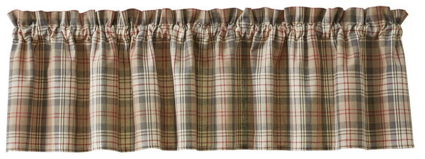 The Gentry Valance is a subtle tan and gray plaid with a hint of red and will prove to be a great accent for your windows. Use alone or pair it with the matching tiers (as pictured/sold separately) for a different look.  Colors: Sand, Tan, Walnut Gray & Barn Red