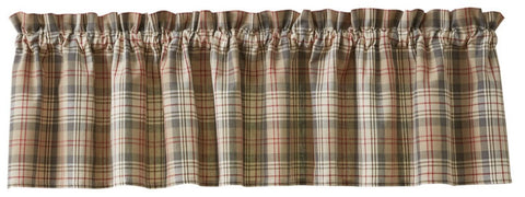 The Gentry Valance is a subtle tan and gray plaid with a hint of red and will prove to be a great accent for your windows. Use alone or pair it with the matching tiers (as pictured/sold separately) for a different look.  Colors: Sand, Tan, Walnut Gray & Barn Red