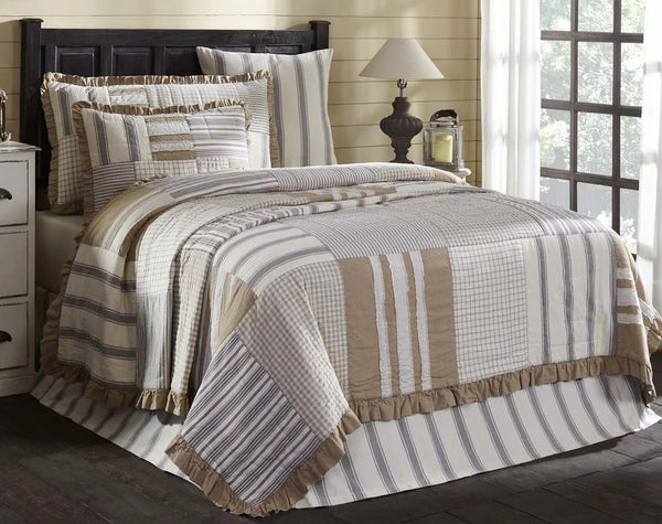 Grace King Quilt 105Wx95L, enlarged ticking stripes, a farmhouse staple, are spaced among checks and windowpanes and encompassed with a ruffled burlap border. Primitive Country Farmhouse Bedding Home Decor.