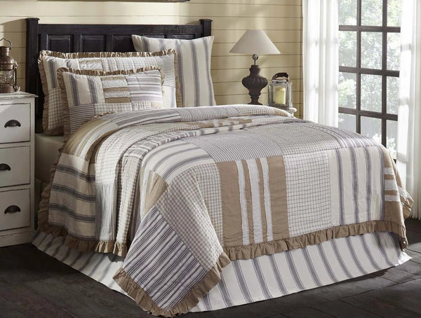 Grace Luxury King Quilt 120Wx105L, Creme, Natural, Nickel Grey, Elegant enlarged ticking stripes, a farmhouse staple, are spaced among checks and windowpanes and encompassed with a ruffled chambray border. Primitive Country Farmhouse Bedding Home Decor.