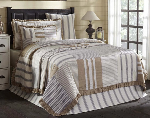 Grace Queen Quilt 90Wx90L, Elegant enlarged ticking stripes, a farmhouse staple, are spaced among checks and windowpanes and encompassed with a ruffled chambray border, Creme, Natural, Nickel Grey. Primitive Country Farmhouse Bedding Home Decor.