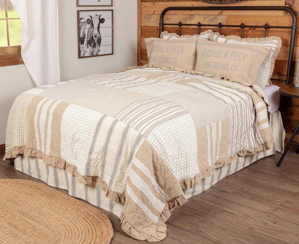 Grace Queen Quilt 90Wx90L, Elegant enlarged ticking stripes, a farmhouse staple, are spaced among checks and windowpanes and encompassed with a ruffled chambray border, Creme, Natural, Nickel Grey. Primitive Country Farmhouse Bedding Home Decor.