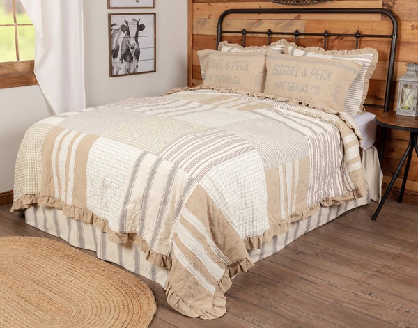 Grace Luxury King Quilt 120Wx105L, Creme, Natural, Nickel Grey, Elegant enlarged ticking stripes, a farmhouse staple, are spaced among checks and windowpanes and encompassed with a ruffled chambray border. Primitive Country Farmhouse Bedding Home Decor.