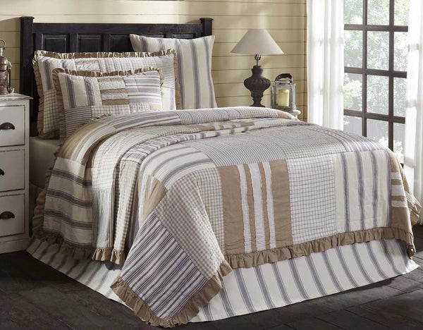 Grace Twin Quilt 68Wx86L, Elegant enlarged ticking stripes, a farmhouse staple, are spaced among checks and windowpanes and encompassed with a ruffled chambray border, Creme, Natural, Nickel Grey. Primitive Country Farmhouse Bedding Home Decor.