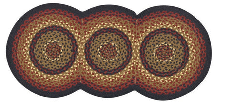 Folk Art Braided Table Runner - 34"L, scalloped design adds so much charm!  Colors: Barn Red, Black, Khaki Tan &  Ivory