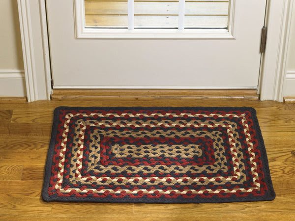 Folk Art Braided Rectangle Rug 20"x30" features rich shades of Barn Red, Black, Khaki Tan & Ivory, reminiscent of vintage design.