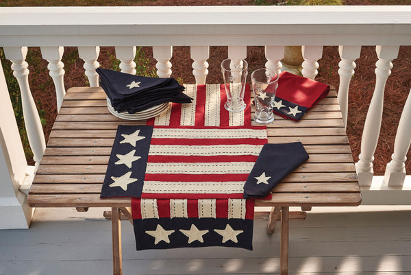 Star Spangled Placemats! Mimicking Old Glory herself, these placemats epitomize the American flag in all her glory! Enhance your dining experience with the beloved red, white & blue...not just on July 4th, but all year long!  Specifications  Colors: Darkest Navy, Patriotic Red & White Set of 4 Dimensions: 13"W x 19"L