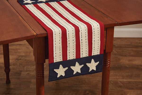 Star Spangled Table Runner! Mimicking Old Glory herself, it epitomizes the American flag in all her glory! Visit website for FREE s/h & discount offers. Primitive Country Farmhouse Americana USA July 4th Stars and Stripes home Decor.