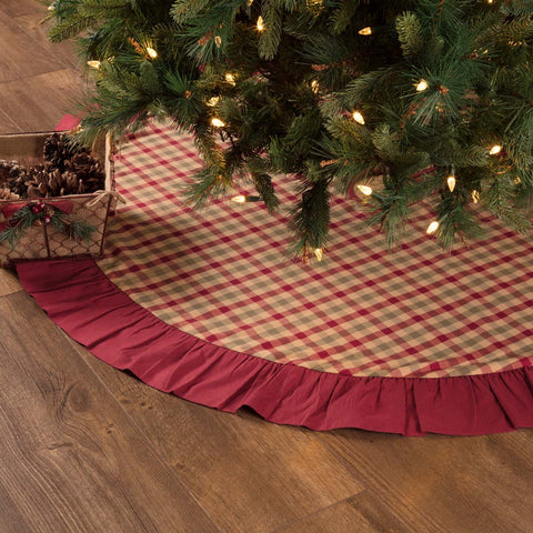 Jonathan Plaid Tree Skirt 48 features Traditional deep red, olive green, and tan plaid fabric. Primitive Country Farmhouse Christmas Holiday Home Decor.