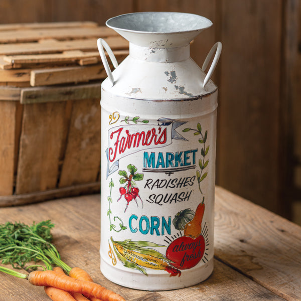 Farmer's Market Milk Can is made of metal. Reads ''Farmers Market.'' Measurement: 6½'' dia x 15¼''H. Visit website for FREE s/h & discount offers. Primitive Country Farmhouse Home Kitchen Decor.