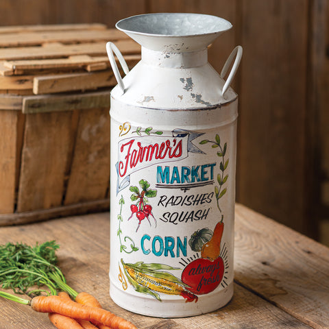 Farmer's Market Milk Can is made of metal. Reads ''Farmers Market.'' Measurement: 6½'' dia x 15¼''H. Visit website for FREE s/h & discount offers. Primitive Country Farmhouse Home Kitchen Decor.